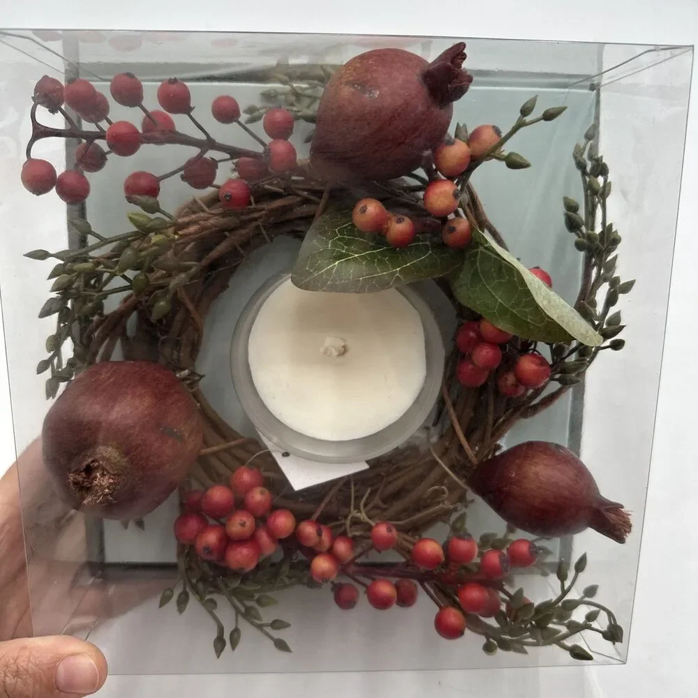 NOS Restoration Hardware Christmas Magnolia Pomegranate Pillar Ring with Candle